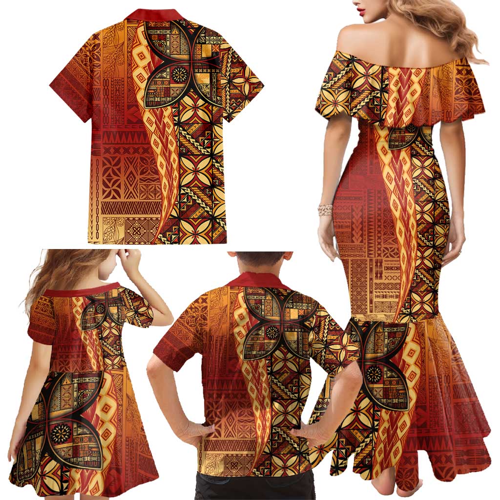 Samoan Pacific Tribal Flower Geometric Art Tattoos Family Matching Mermaid Dress and Hawaiian Shirt Siapo Pattern Flame Sunset - Polynesian Pride