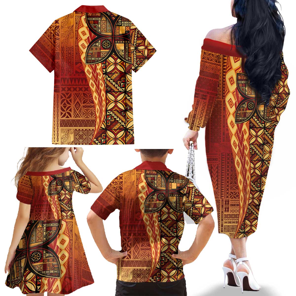 Samoan Pacific Tribal Flower Geometric Art Tattoos Family Matching Off The Shoulder Long Sleeve Dress and Hawaiian Shirt Siapo Pattern Flame Sunset - Polynesian Pride