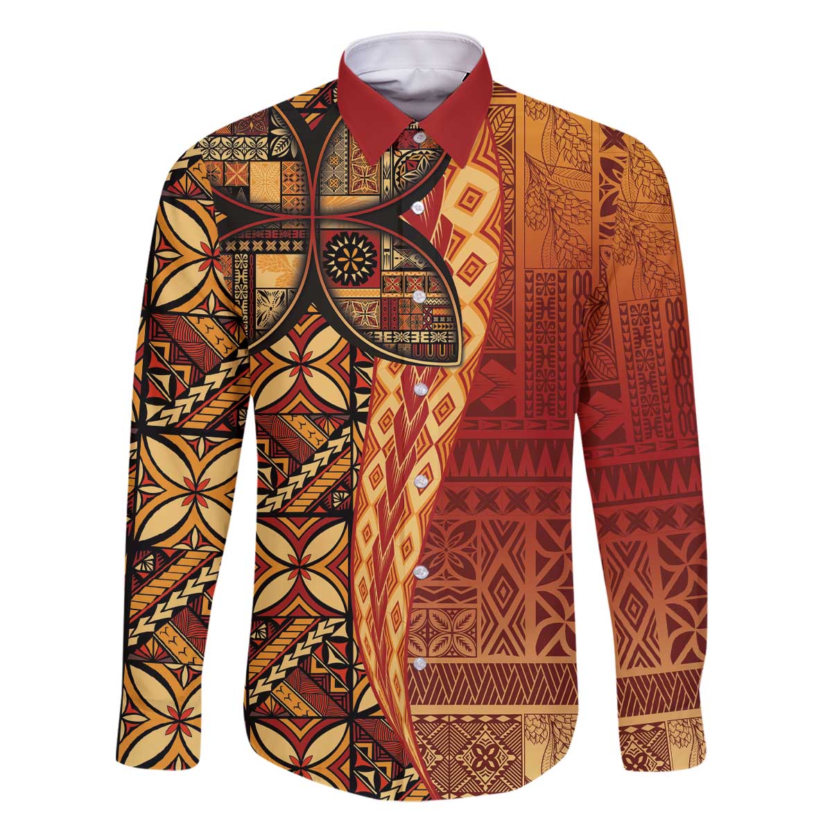 Samoan Pacific Tribal Flower Geometric Art Tattoos Family Matching Off The Shoulder Long Sleeve Dress and Hawaiian Shirt Siapo Pattern Flame Sunset - Polynesian Pride