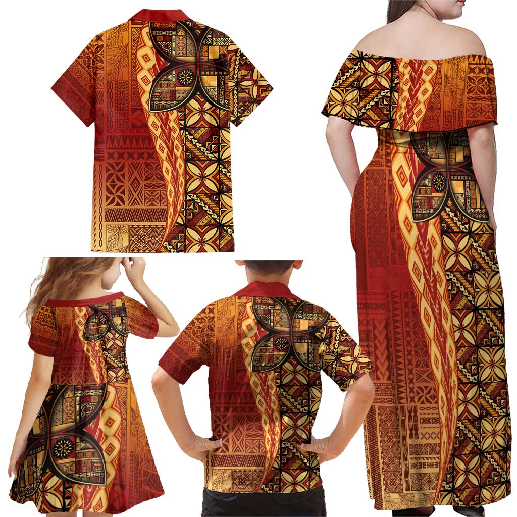 Samoan Pacific Tribal Flower Geometric Art Tattoos Family Matching Off Shoulder Maxi Dress and Hawaiian Shirt Siapo Pattern Flame Sunset - Polynesian Pride