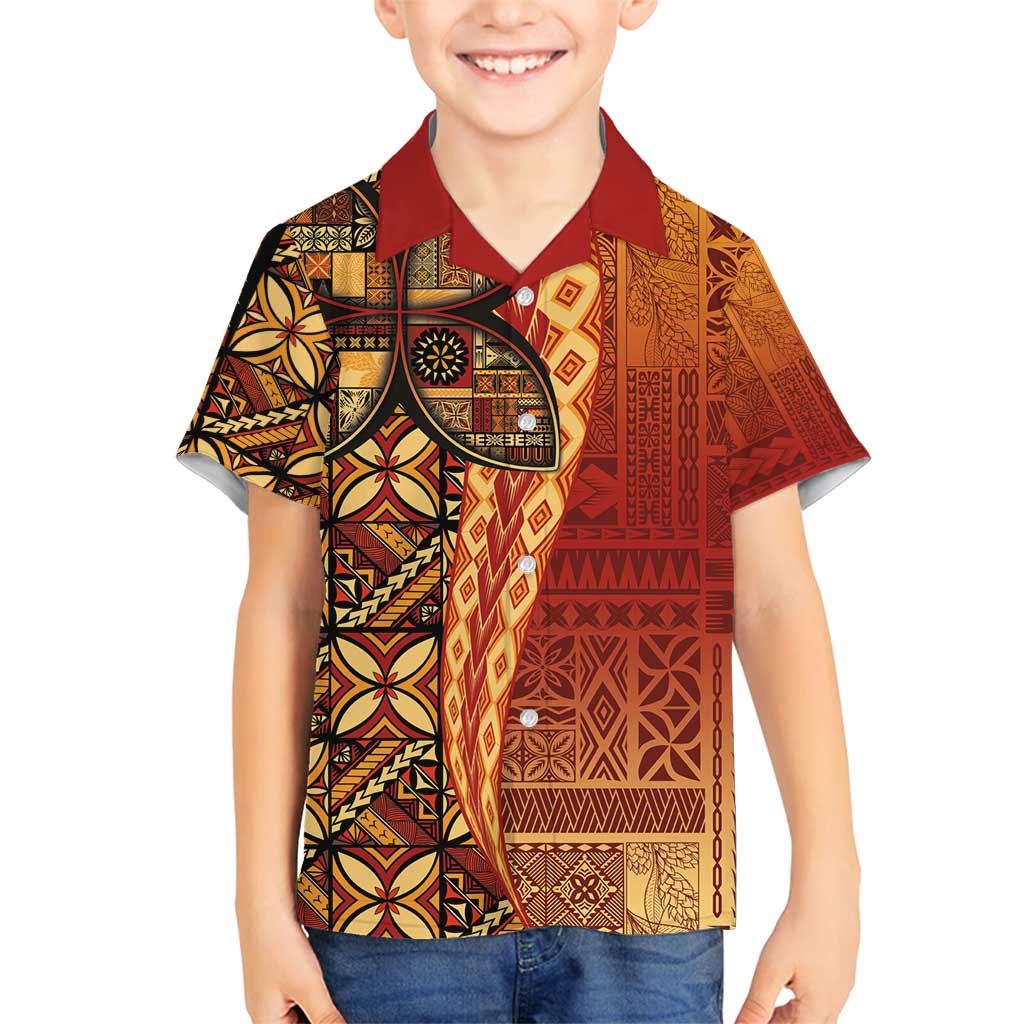 Samoan Pacific Tribal Flower Geometric Art Tattoos Family Matching Off Shoulder Maxi Dress and Hawaiian Shirt Siapo Pattern Flame Sunset - Polynesian Pride