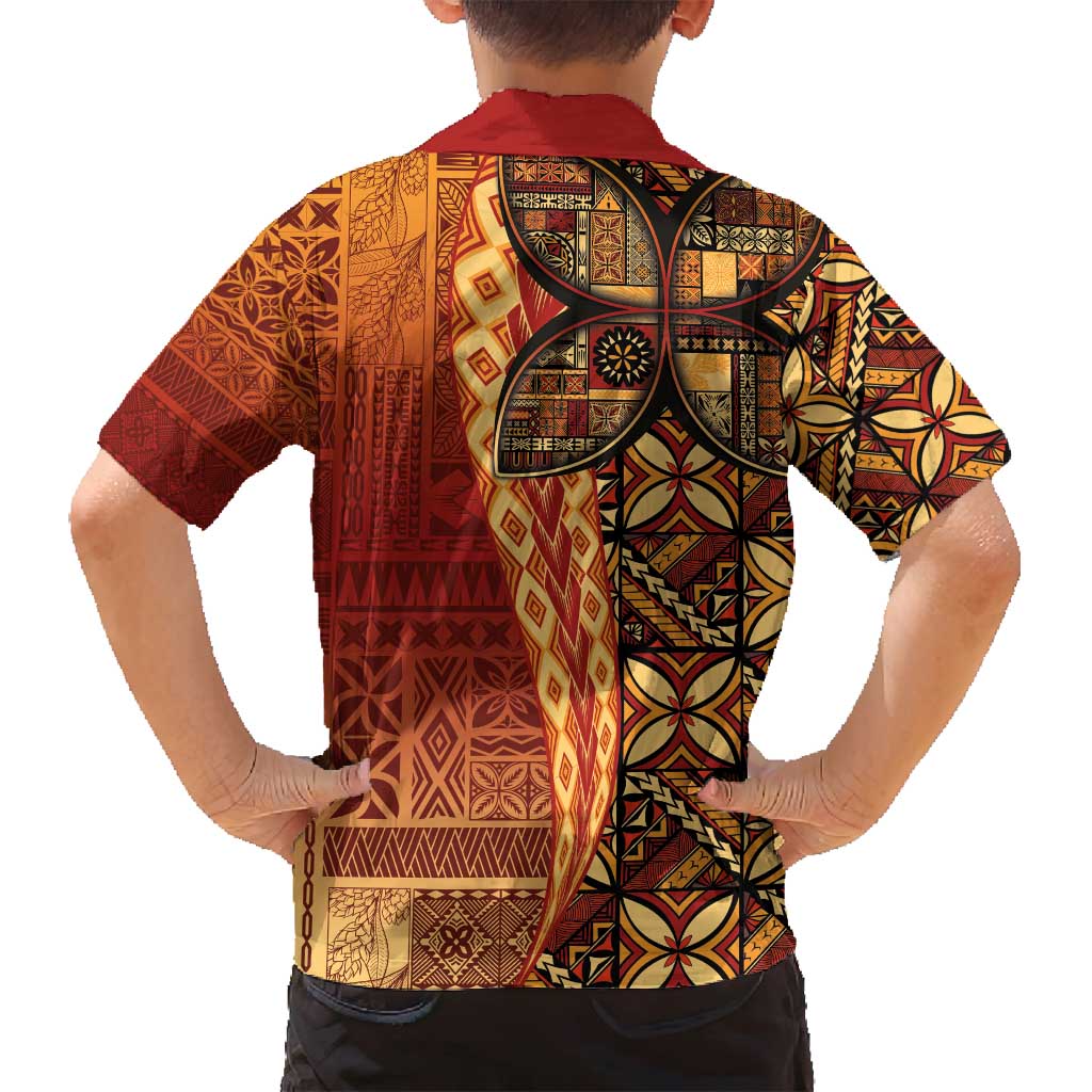 Samoan Pacific Tribal Flower Geometric Art Tattoos Family Matching Off Shoulder Short Dress and Hawaiian Shirt Siapo Pattern Flame Sunset - Polynesian Pride