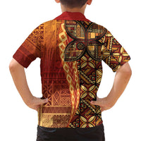 Samoan Pacific Tribal Flower Geometric Art Tattoos Family Matching Off Shoulder Short Dress and Hawaiian Shirt Siapo Pattern Flame Sunset - Polynesian Pride