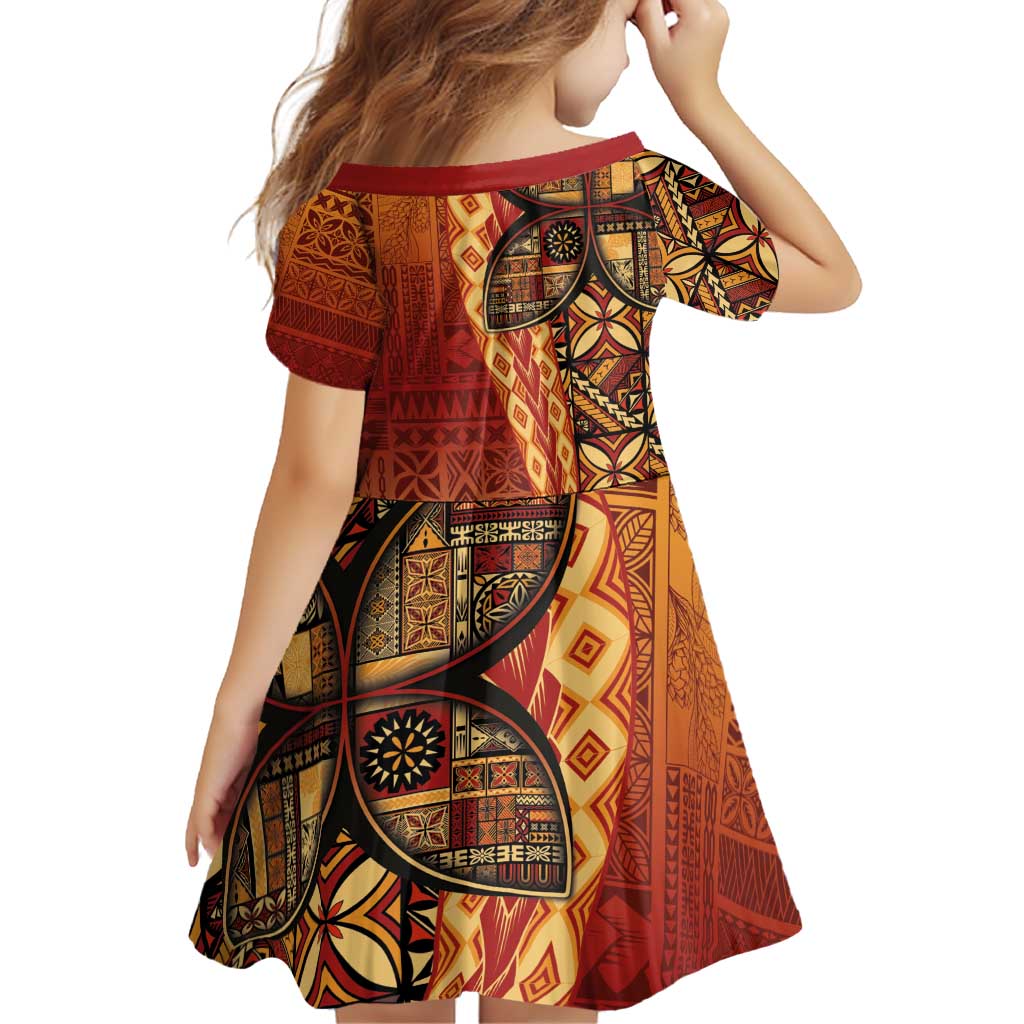 Samoan Pacific Tribal Flower Geometric Art Tattoos Family Matching Off Shoulder Short Dress and Hawaiian Shirt Siapo Pattern Flame Sunset - Polynesian Pride