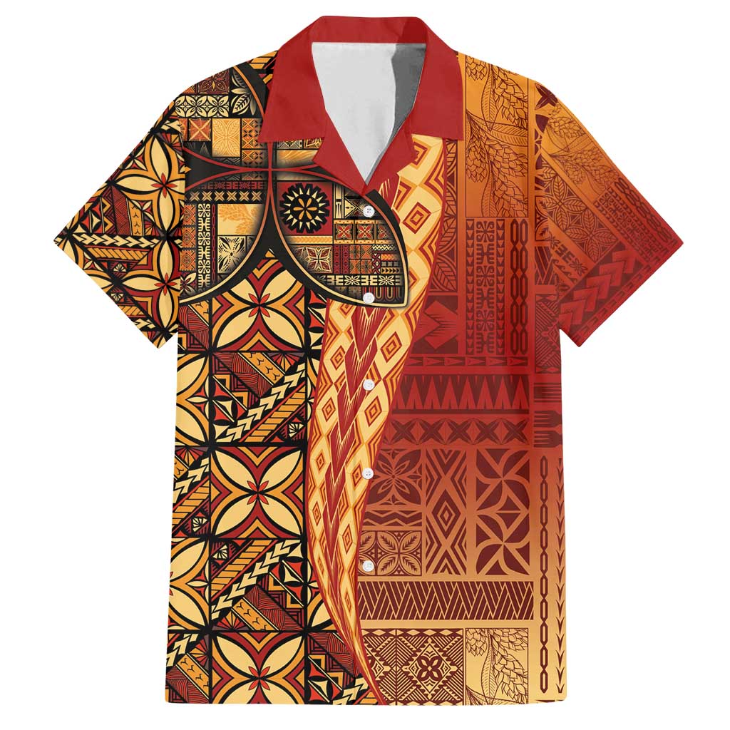 Samoan Pacific Tribal Flower Geometric Art Tattoos Family Matching Off Shoulder Short Dress and Hawaiian Shirt Siapo Pattern Flame Sunset - Polynesian Pride