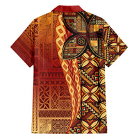 Samoan Pacific Tribal Flower Geometric Art Tattoos Family Matching Off Shoulder Short Dress and Hawaiian Shirt Siapo Pattern Flame Sunset - Polynesian Pride