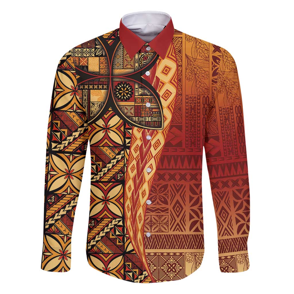 Samoan Pacific Tribal Flower Geometric Art Tattoos Family Matching Off Shoulder Short Dress and Hawaiian Shirt Siapo Pattern Flame Sunset - Polynesian Pride