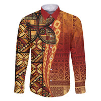 Samoan Pacific Tribal Flower Geometric Art Tattoos Family Matching Off Shoulder Short Dress and Hawaiian Shirt Siapo Pattern Flame Sunset - Polynesian Pride