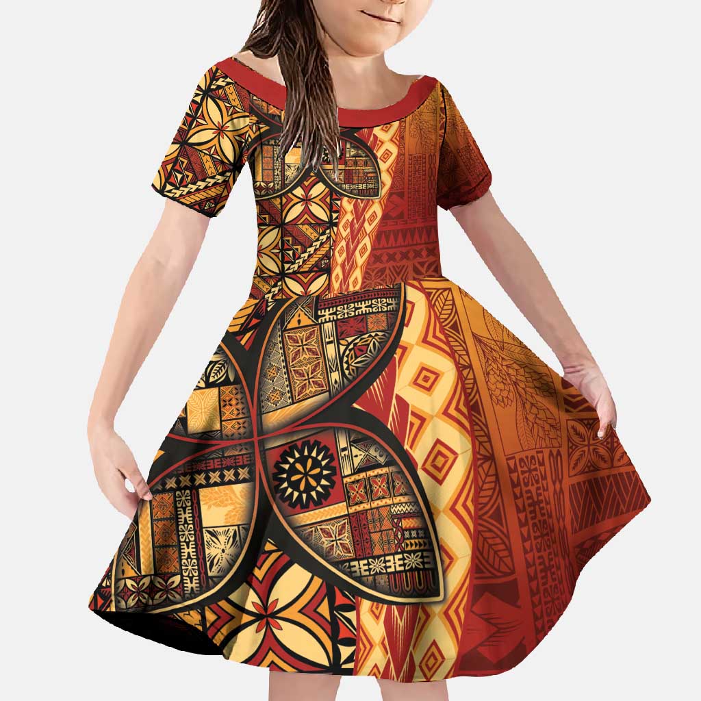 Samoan Pacific Tribal Flower Geometric Art Tattoos Family Matching Tank Maxi Dress and Hawaiian Shirt Siapo Pattern Flame Sunset - Polynesian Pride