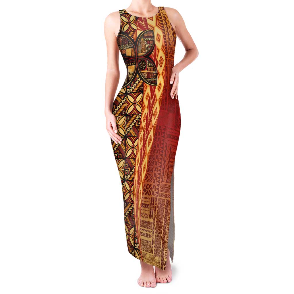 Samoan Pacific Tribal Flower Geometric Art Tattoos Family Matching Tank Maxi Dress and Hawaiian Shirt Siapo Pattern Flame Sunset - Polynesian Pride