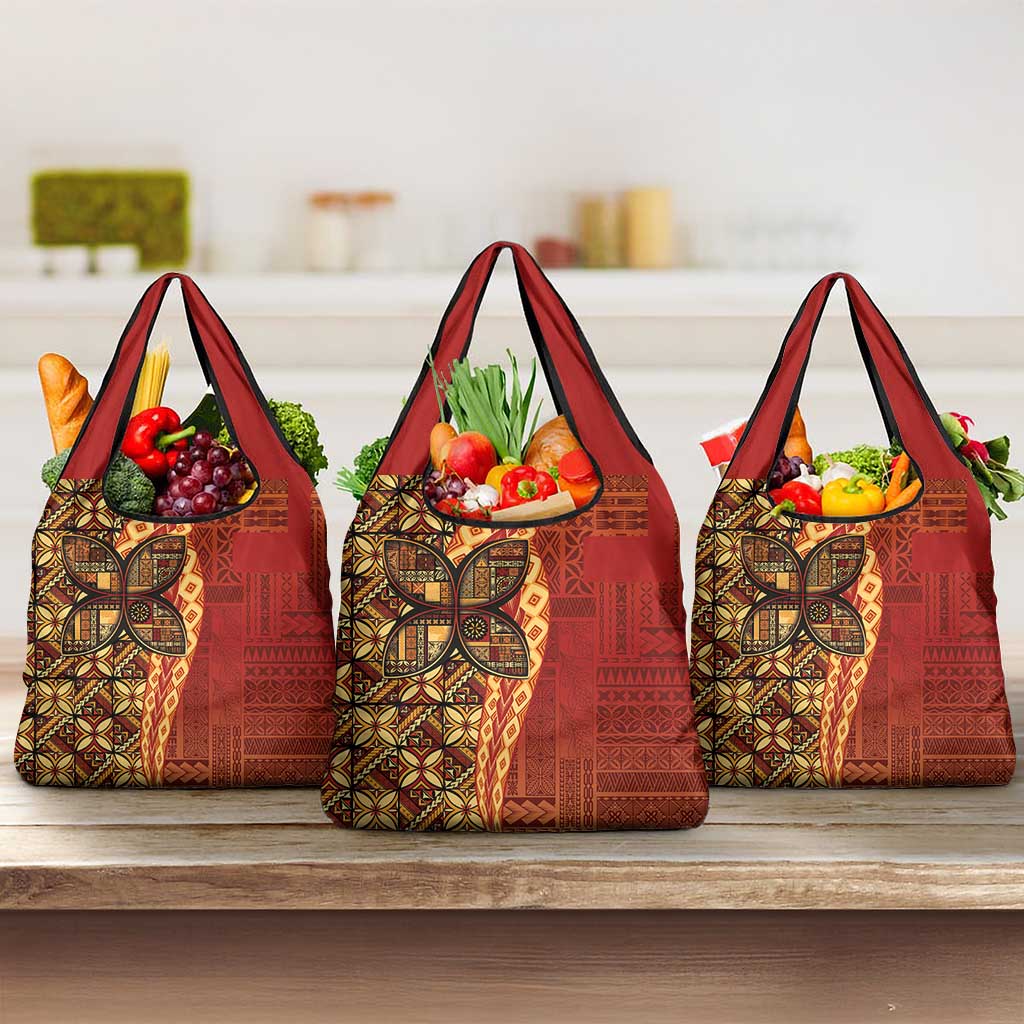 Samoan Pacific Tribal Flower Geometric Art Tattoos Grocery Bag Siapo Pattern Flame Sunset - Polynesian Pride