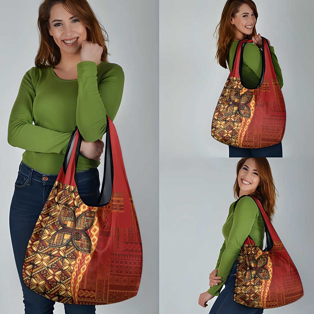 Samoan Pacific Tribal Flower Geometric Art Tattoos Grocery Bag Siapo Pattern Flame Sunset - Polynesian Pride