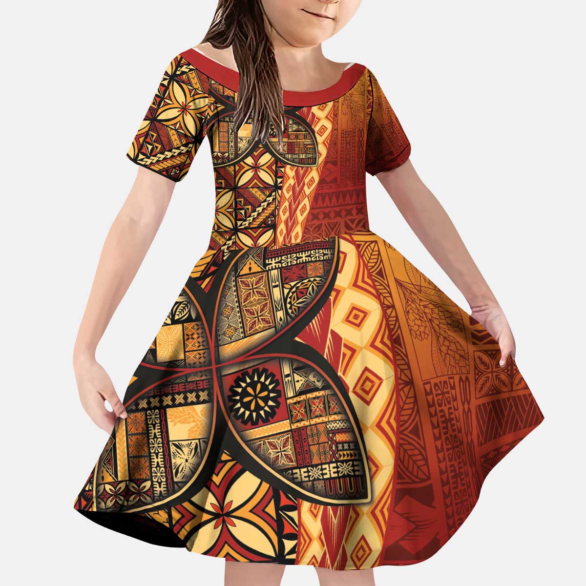 Samoan Pacific Tribal Flower Geometric Art Tattoos Kid Short Sleeve Dress Siapo Pattern Flame Sunset LT03 KID Red - Polynesian Pride