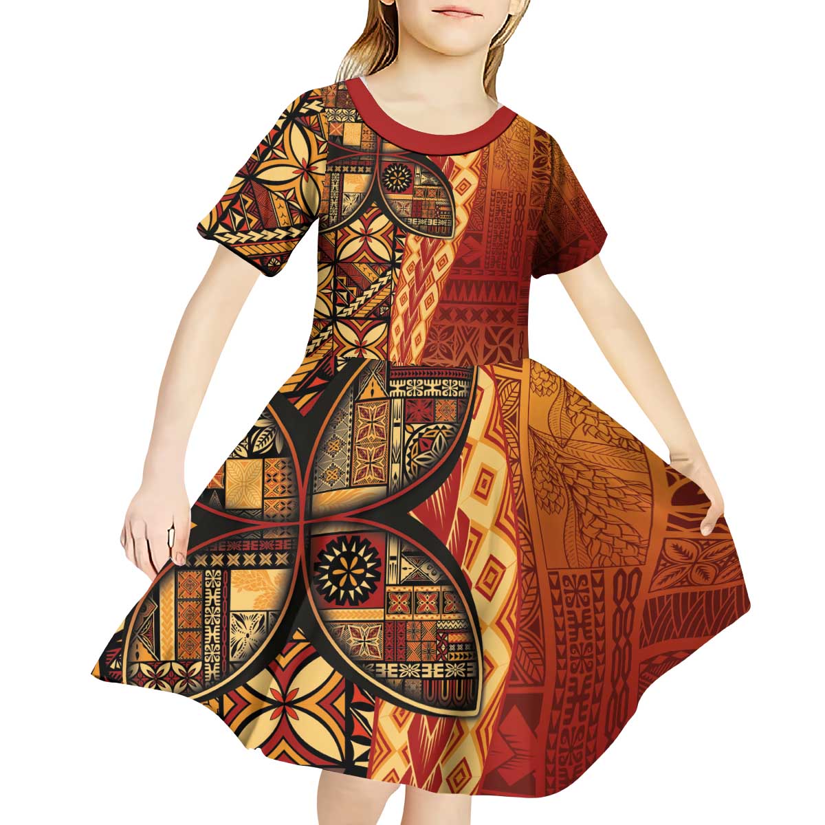 Samoan Pacific Tribal Flower Geometric Art Tattoos Kid Short Sleeve Dress Siapo Pattern Flame Sunset LT03 - Polynesian Pride