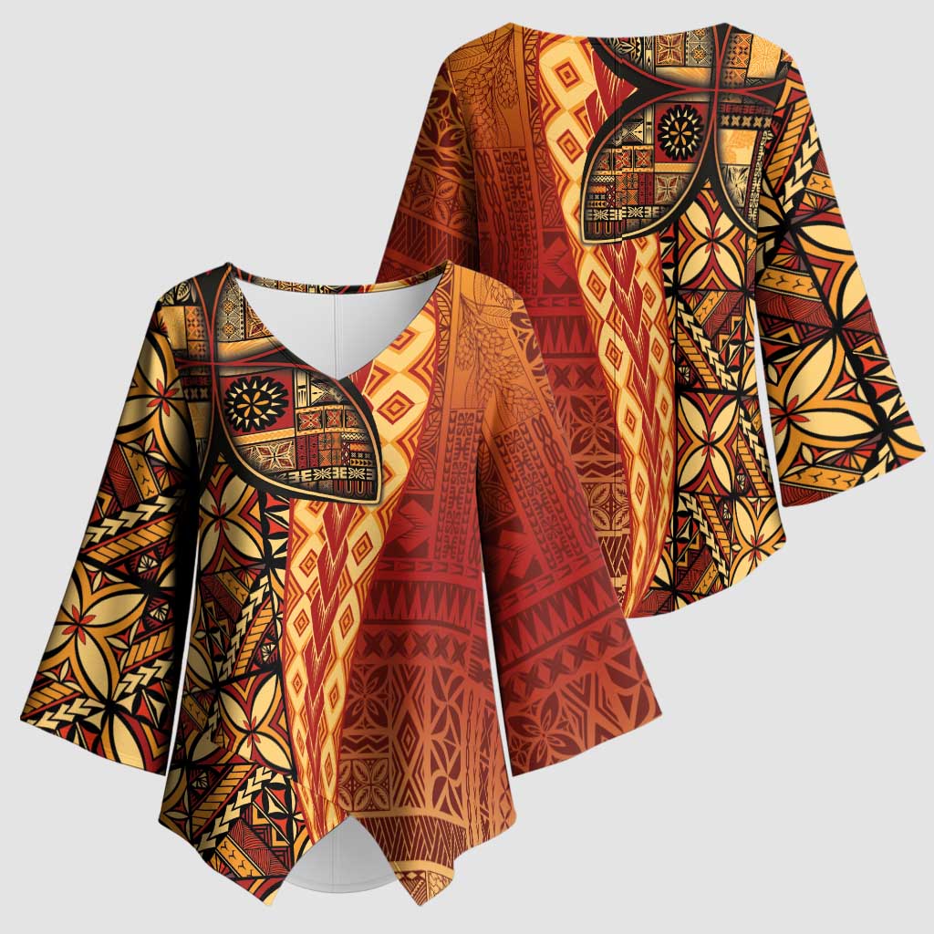 Samoan Pacific Tribal Flower Geometric Art Tattoos Kimono Sleeve Blouse Siapo Pattern Flame Sunset - Polynesian Pride