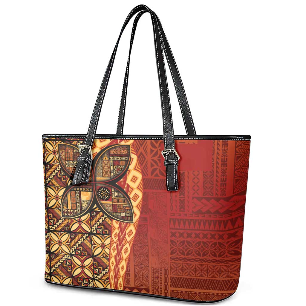Samoan Pacific Tribal Flower Geometric Art Tattoos Leather Tote Bag Siapo Pattern Flame Sunset - Polynesian Pride