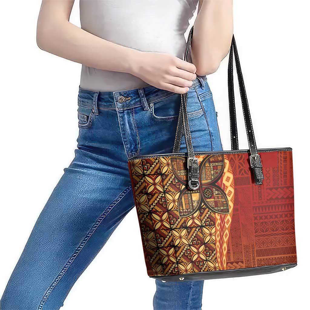 Samoan Pacific Tribal Flower Geometric Art Tattoos Leather Tote Bag Siapo Pattern Flame Sunset - Polynesian Pride