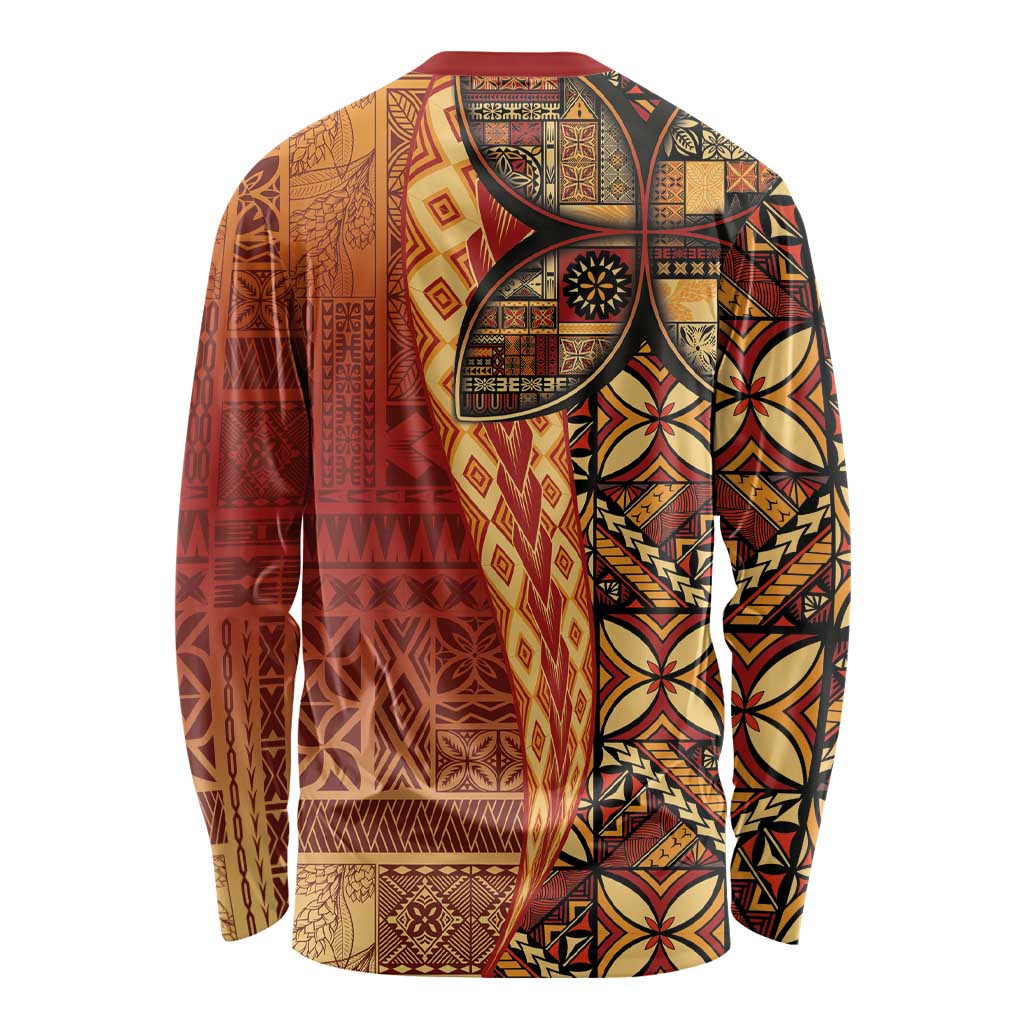 Samoan Pacific Tribal Flower Geometric Art Tattoos Long Sleeve Shirt Siapo Pattern Flame Sunset - Polynesian Pride