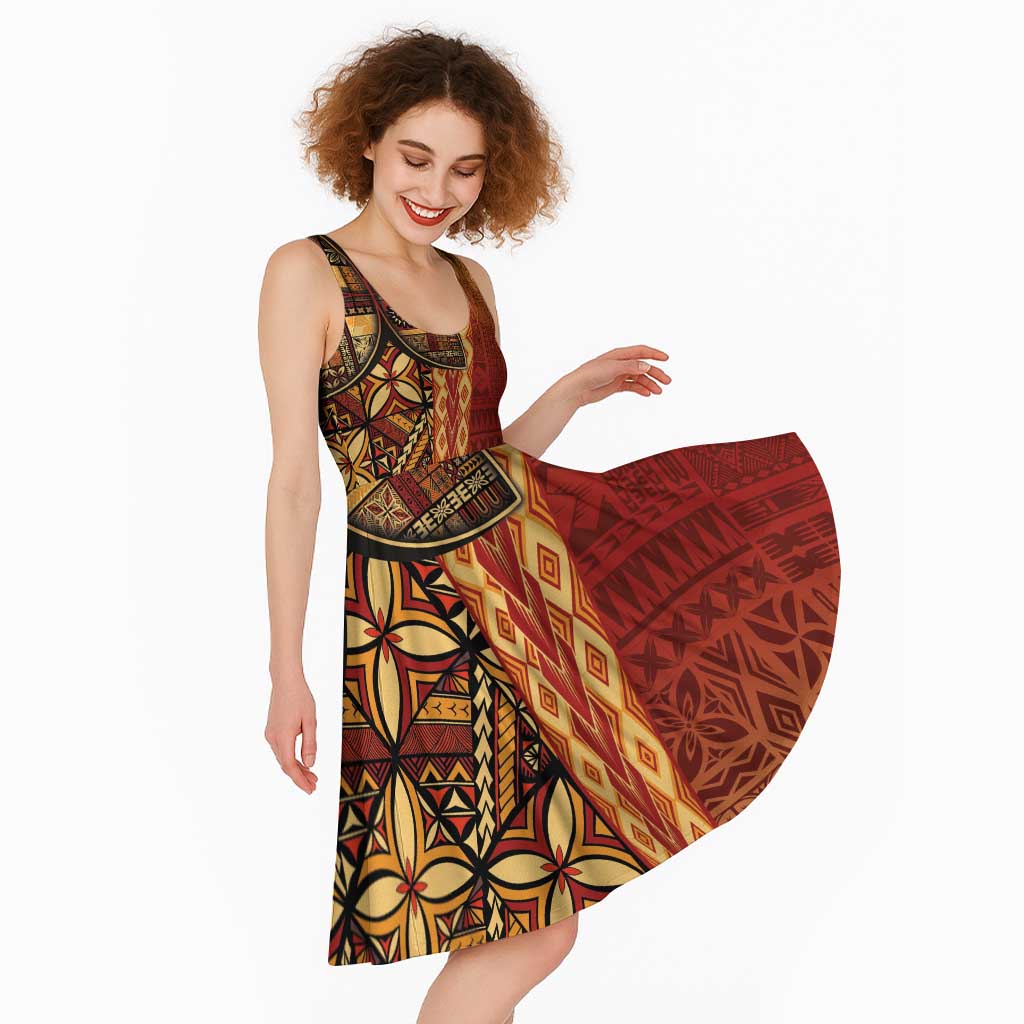 Samoan Pacific Tribal Flower Geometric Art Tattoos Midi Dress Siapo Pattern Flame Sunset - Polynesian Pride