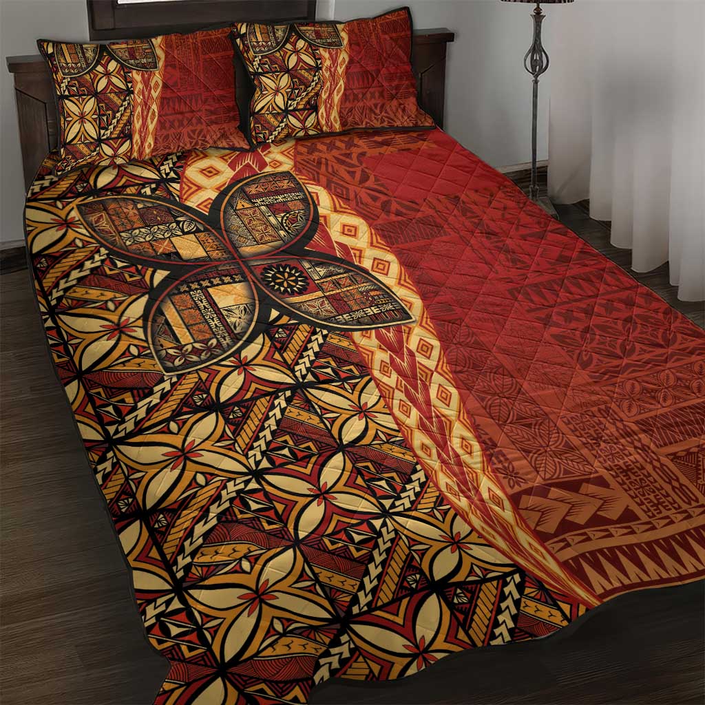 Samoan Pacific Tribal Flower Geometric Art Tattoos Quilt Bed Set Siapo Pattern Flame Sunset - Polynesian Pride