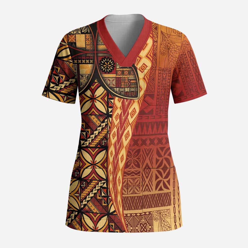 Samoan Pacific Tribal Flower Geometric Art Tattoos Scrub Top Siapo Pattern Flame Sunset - Polynesian Pride