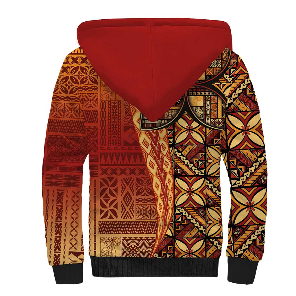 Samoan Pacific Tribal Flower Geometric Art Tattoos Sherpa Hoodie Siapo Pattern Flame Sunset - Polynesian Pride