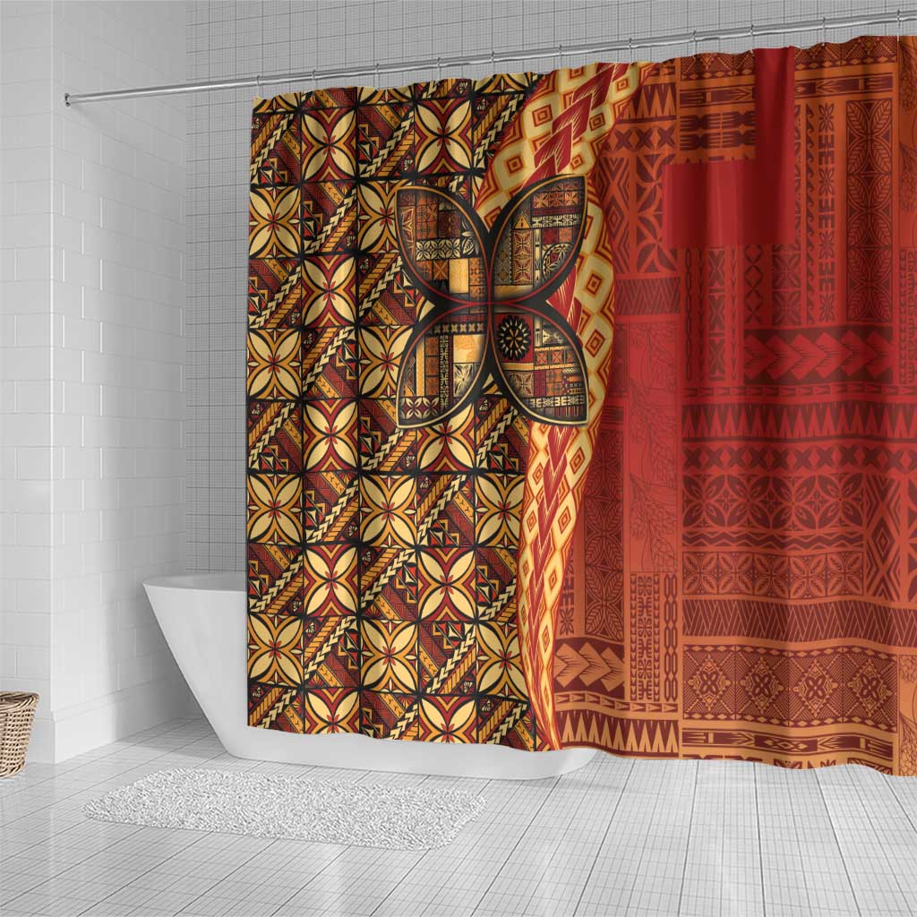 Samoan Pacific Tribal Flower Geometric Art Tattoos Shower Curtain Siapo Pattern Flame Sunset - Polynesian Pride