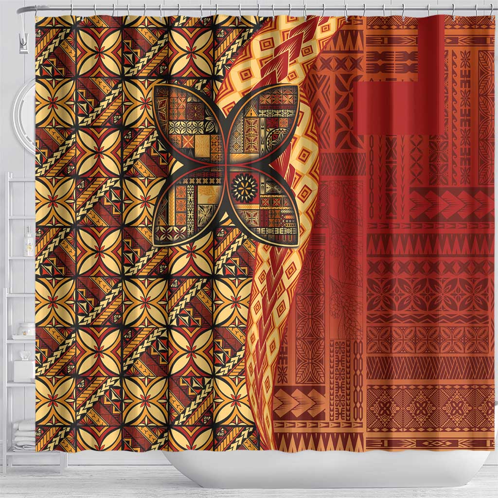 Samoan Pacific Tribal Flower Geometric Art Tattoos Shower Curtain Siapo Pattern Flame Sunset - Polynesian Pride