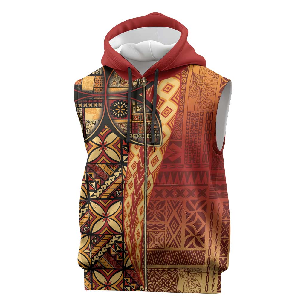 Samoan Pacific Tribal Flower Geometric Art Tattoos Sleeveless Zip Hoodie Siapo Pattern Flame Sunset - Polynesian Pride