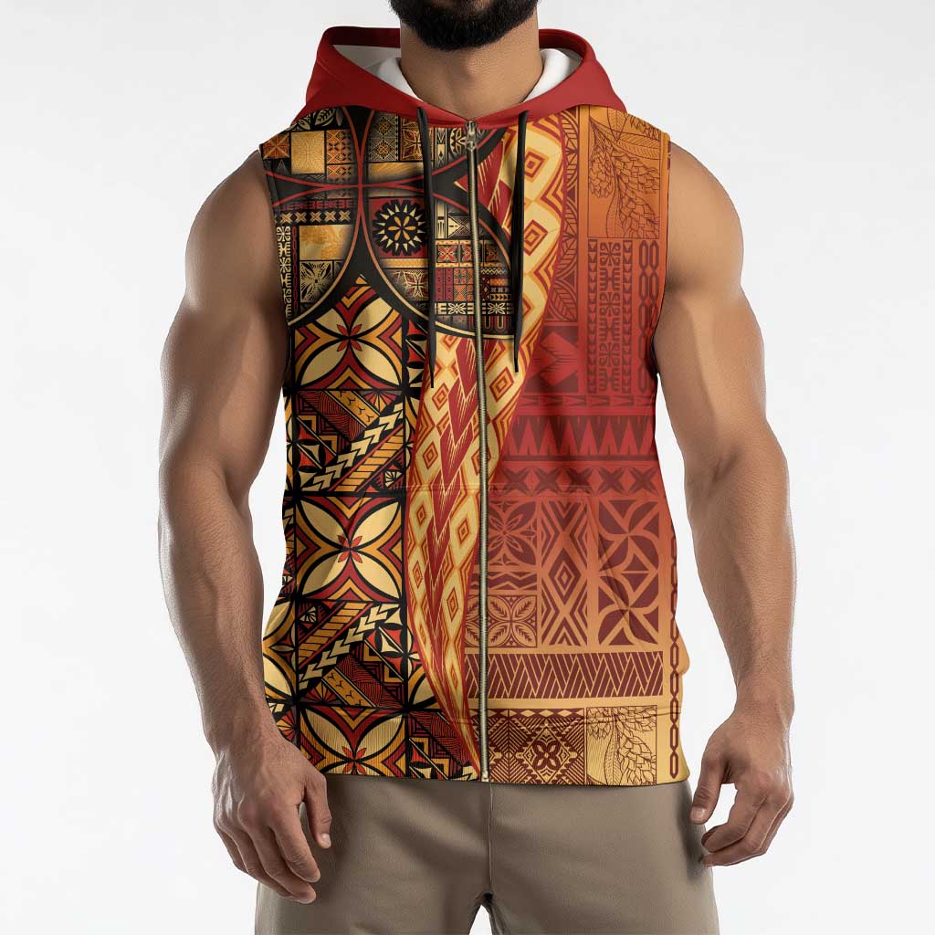 Samoan Pacific Tribal Flower Geometric Art Tattoos Sleeveless Zip Hoodie Siapo Pattern Flame Sunset - Polynesian Pride