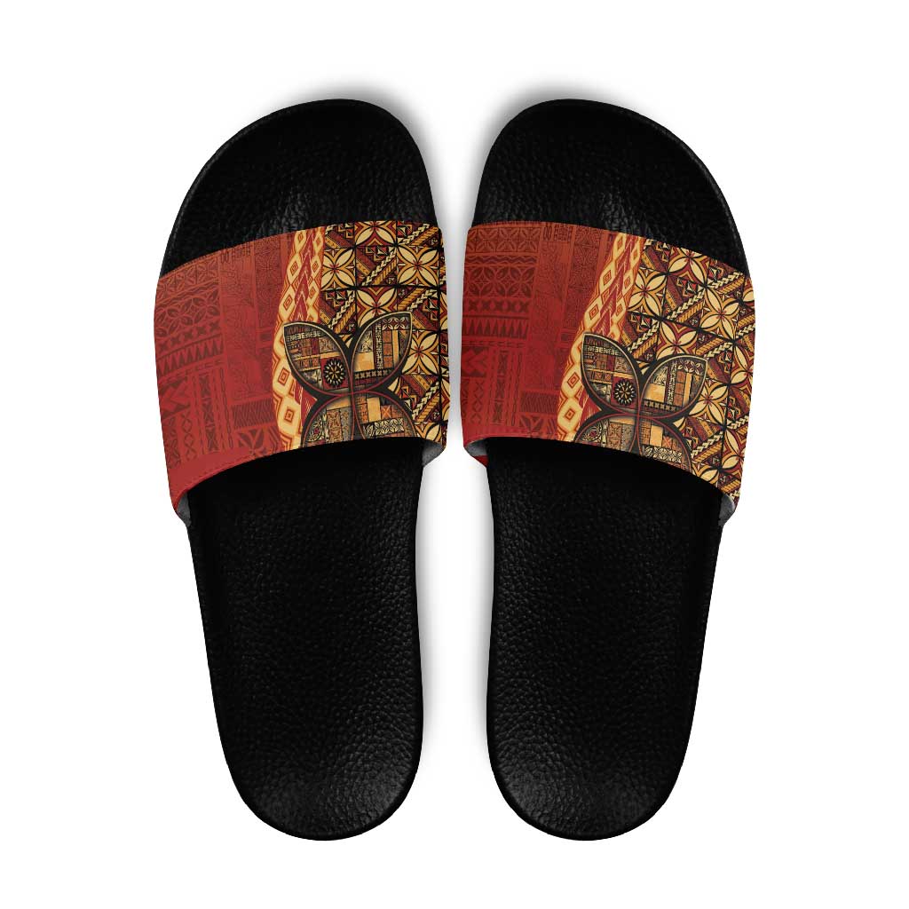 Samoan Pacific Tribal Flower Geometric Art Tattoos Slide Sandals Siapo Pattern Flame Sunset - Polynesian Pride