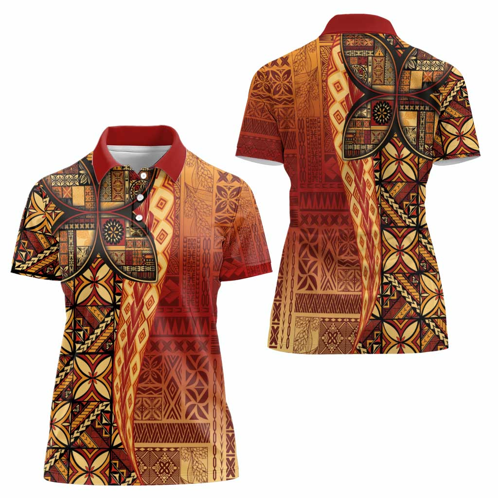 Samoan Pacific Tribal Flower Geometric Art Tattoos Women Polo Shirt Siapo Pattern Flame Sunset - Polynesian Pride
