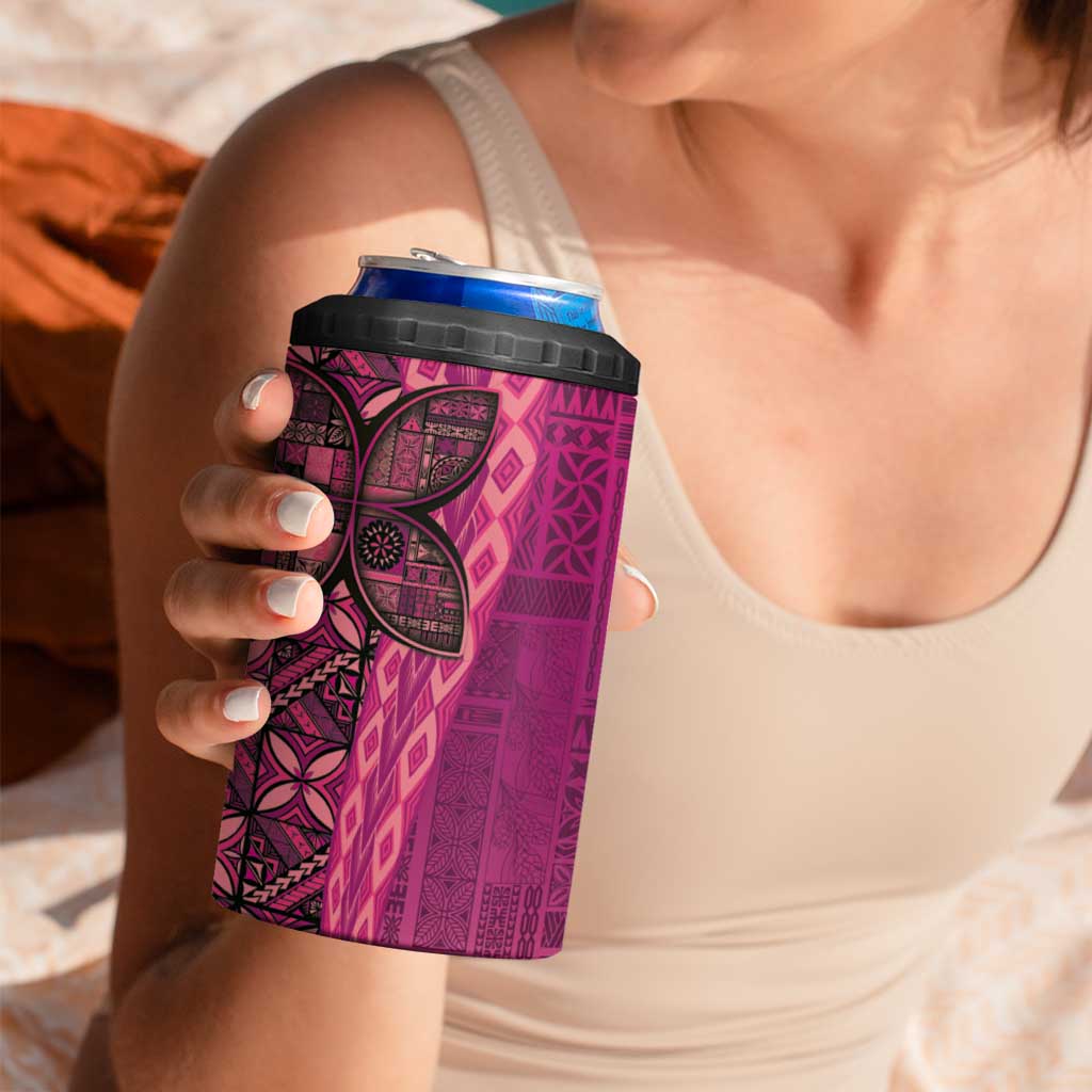 Samoan Pacific Tribal Flower Geometric Art Tattoos 4 in 1 Can Cooler Tumbler Siapo Pattern Romantic Rose - Polynesian Pride
