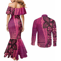 Samoan Pacific Tribal Flower Geometric Art Tattoos Couples Matching Mermaid Dress and Long Sleeve Button Shirt Siapo Pattern Romantic Rose - Polynesian Pride