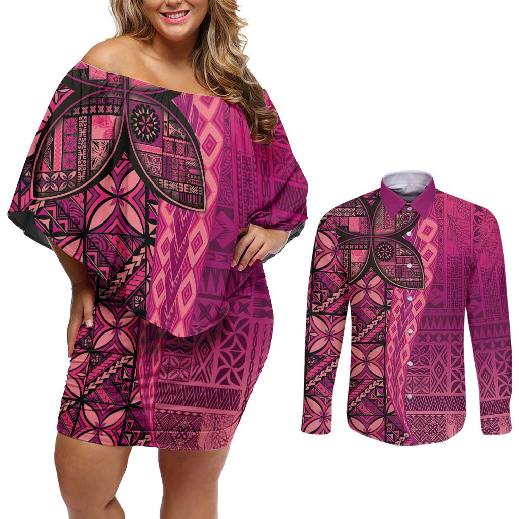 Samoan Pacific Tribal Flower Geometric Art Tattoos Couples Matching Off Shoulder Short Dress and Long Sleeve Button Shirt Siapo Pattern Romantic Rose - Polynesian Pride