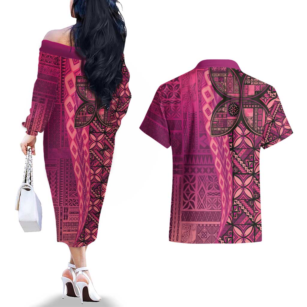 Samoan Pacific Tribal Flower Geometric Art Tattoos Couples Matching Off The Shoulder Long Sleeve Dress and Hawaiian Shirt Siapo Pattern Romantic Rose - Polynesian Pride