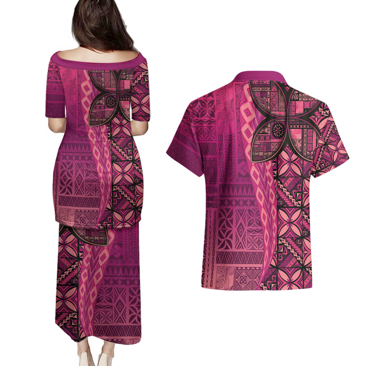 Samoan Pacific Tribal Flower Geometric Art Tattoos Couples Matching Puletasi and Hawaiian Shirt Siapo Pattern Romantic Rose - Polynesian Pride