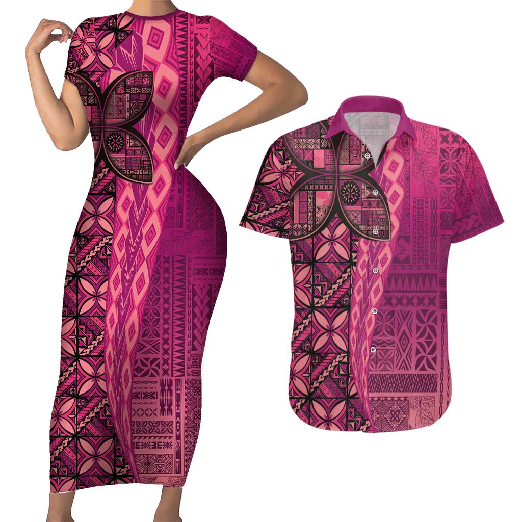Samoan Pacific Tribal Flower Geometric Art Tattoos Couples Matching Short Sleeve Bodycon Dress and Hawaiian Shirt Siapo Pattern Romantic Rose - Polynesian Pride