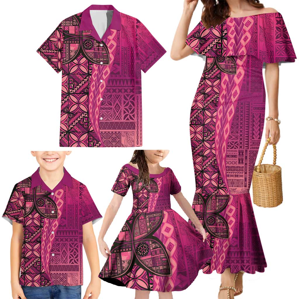 Samoan Pacific Tribal Flower Geometric Art Tattoos Family Matching Mermaid Dress and Hawaiian Shirt Siapo Pattern Romantic Rose - Polynesian Pride