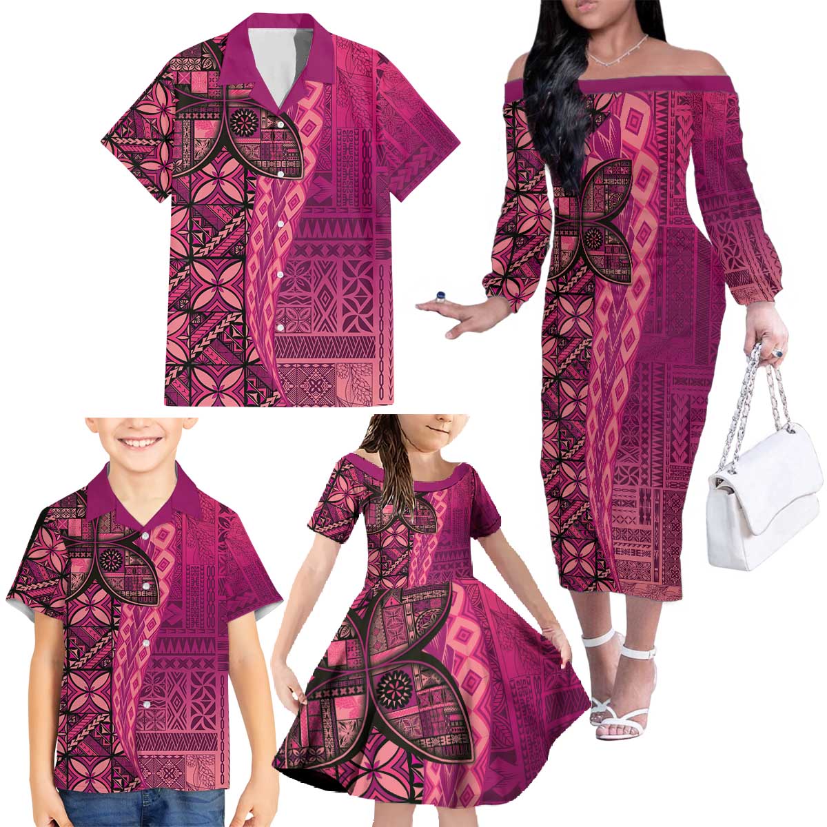 Samoan Pacific Tribal Flower Geometric Art Tattoos Family Matching Off The Shoulder Long Sleeve Dress and Hawaiian Shirt Siapo Pattern Romantic Rose - Polynesian Pride