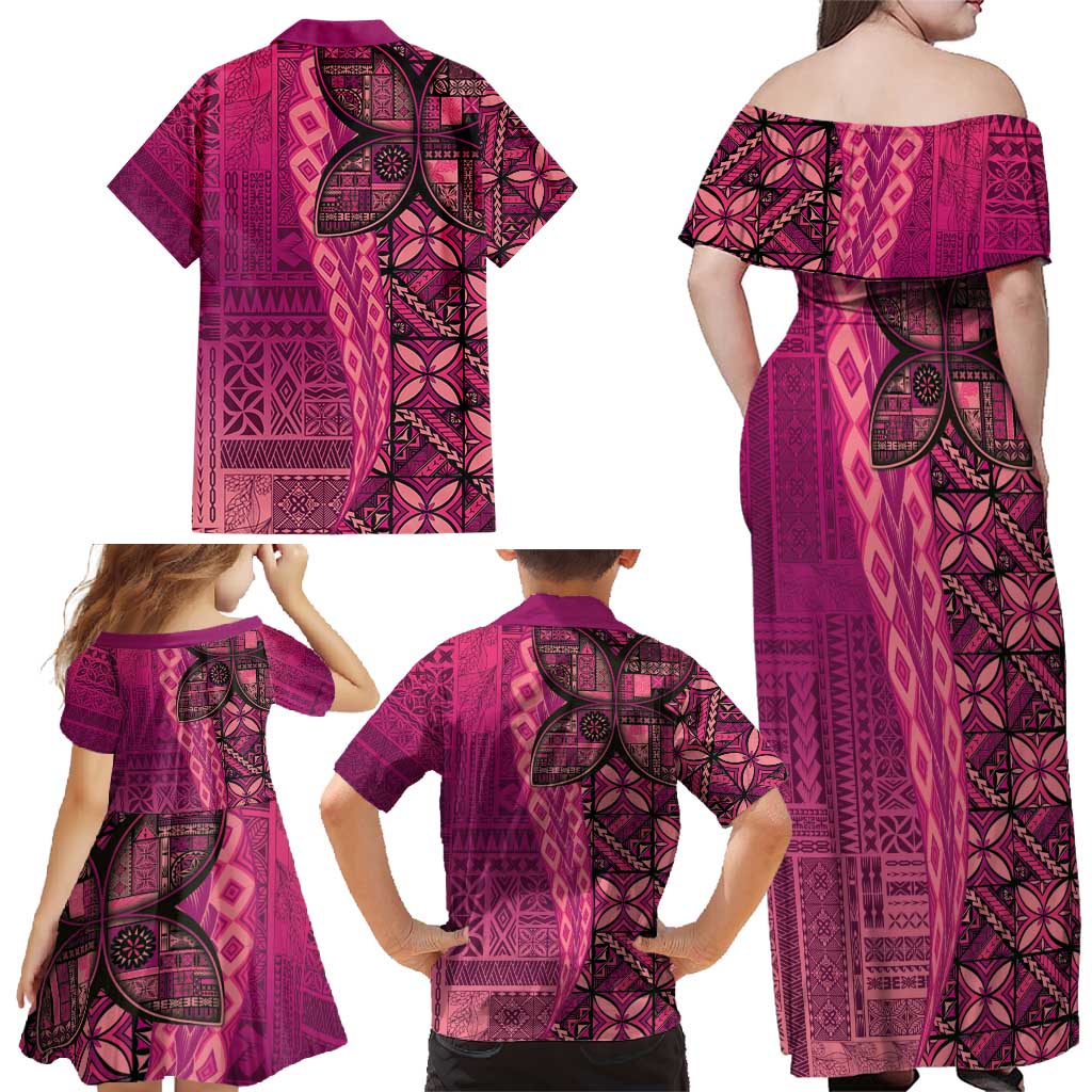 Samoan Pacific Tribal Flower Geometric Art Tattoos Family Matching Off Shoulder Maxi Dress and Hawaiian Shirt Siapo Pattern Romantic Rose - Polynesian Pride