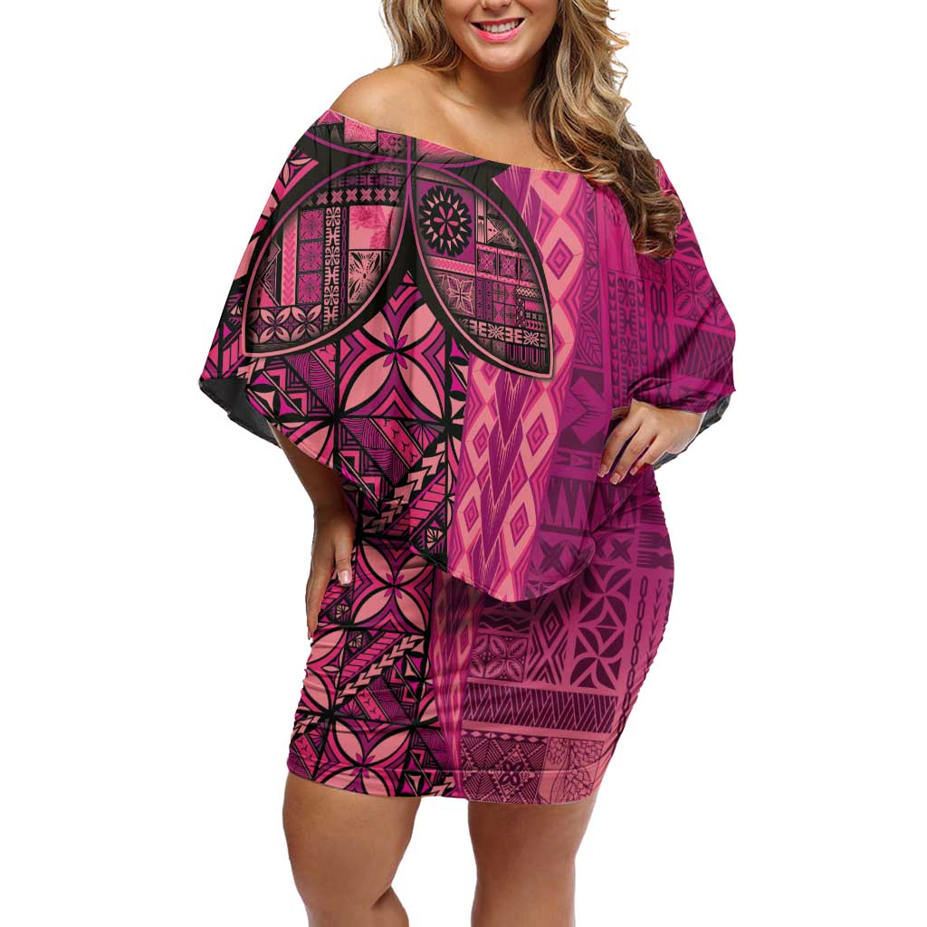 Samoan Pacific Tribal Flower Geometric Art Tattoos Family Matching Off Shoulder Short Dress and Hawaiian Shirt Siapo Pattern Romantic Rose - Polynesian Pride