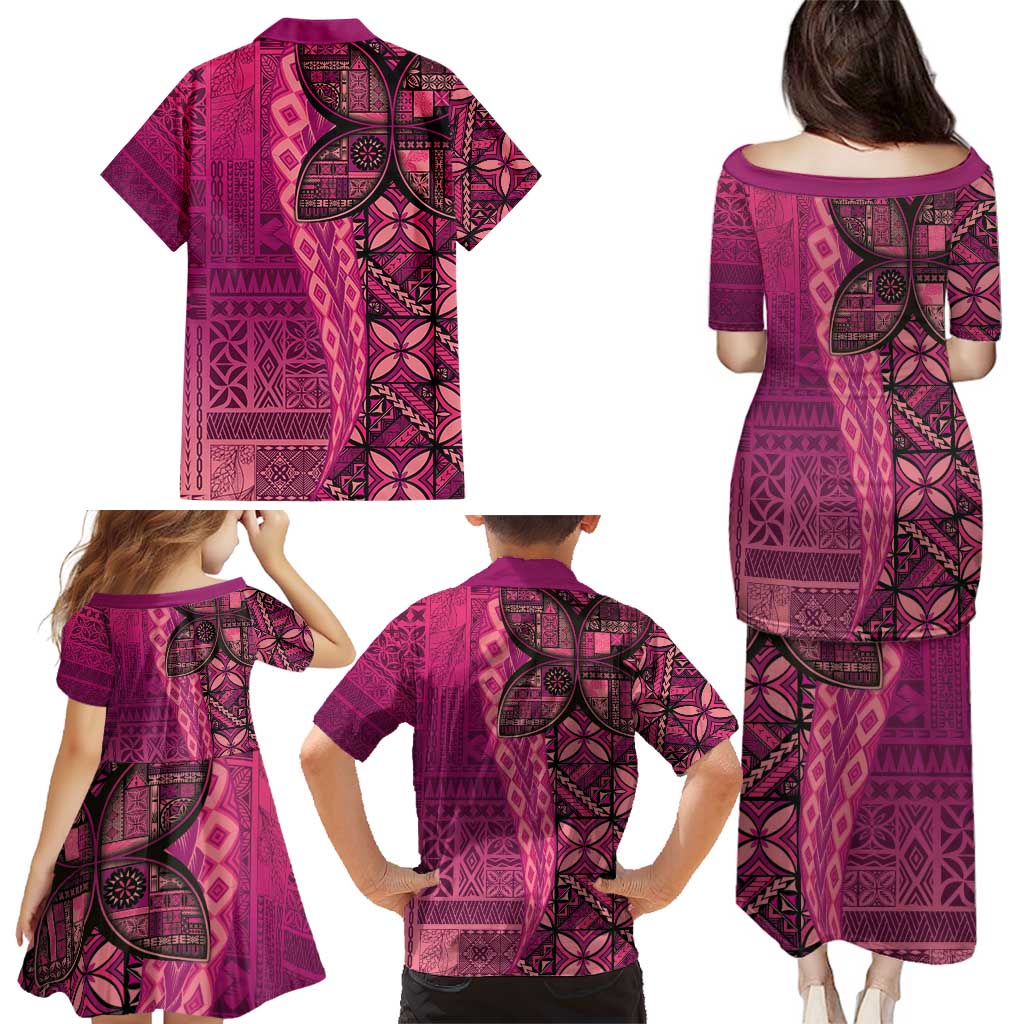 Samoan Pacific Tribal Flower Geometric Art Tattoos Family Matching Puletasi and Hawaiian Shirt Siapo Pattern Romantic Rose - Polynesian Pride