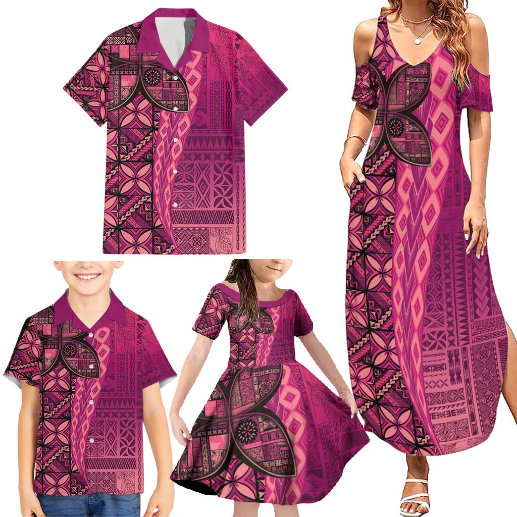Samoan Pacific Tribal Flower Geometric Art Tattoos Family Matching Summer Maxi Dress and Hawaiian Shirt Siapo Pattern Romantic Rose - Polynesian Pride
