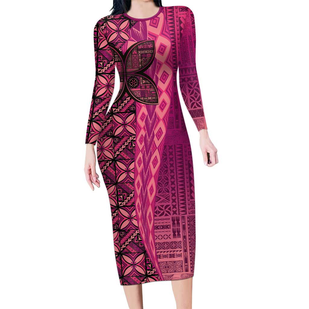 Samoan Pacific Tribal Flower Geometric Art Tattoos Long Sleeve Bodycon Dress Siapo Pattern Romantic Rose - Polynesian Pride