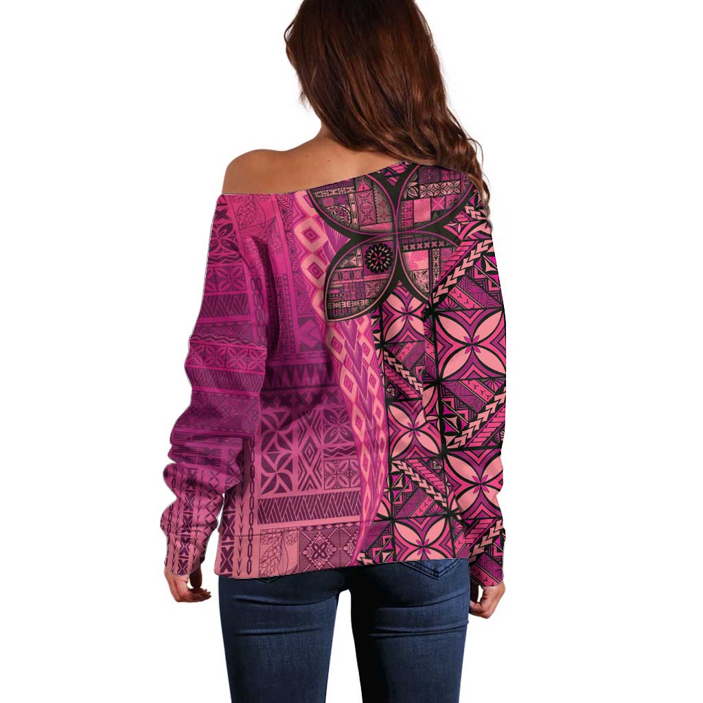 Samoan Pacific Tribal Flower Geometric Art Tattoos Off Shoulder Sweater Siapo Pattern Romantic Rose - Polynesian Pride