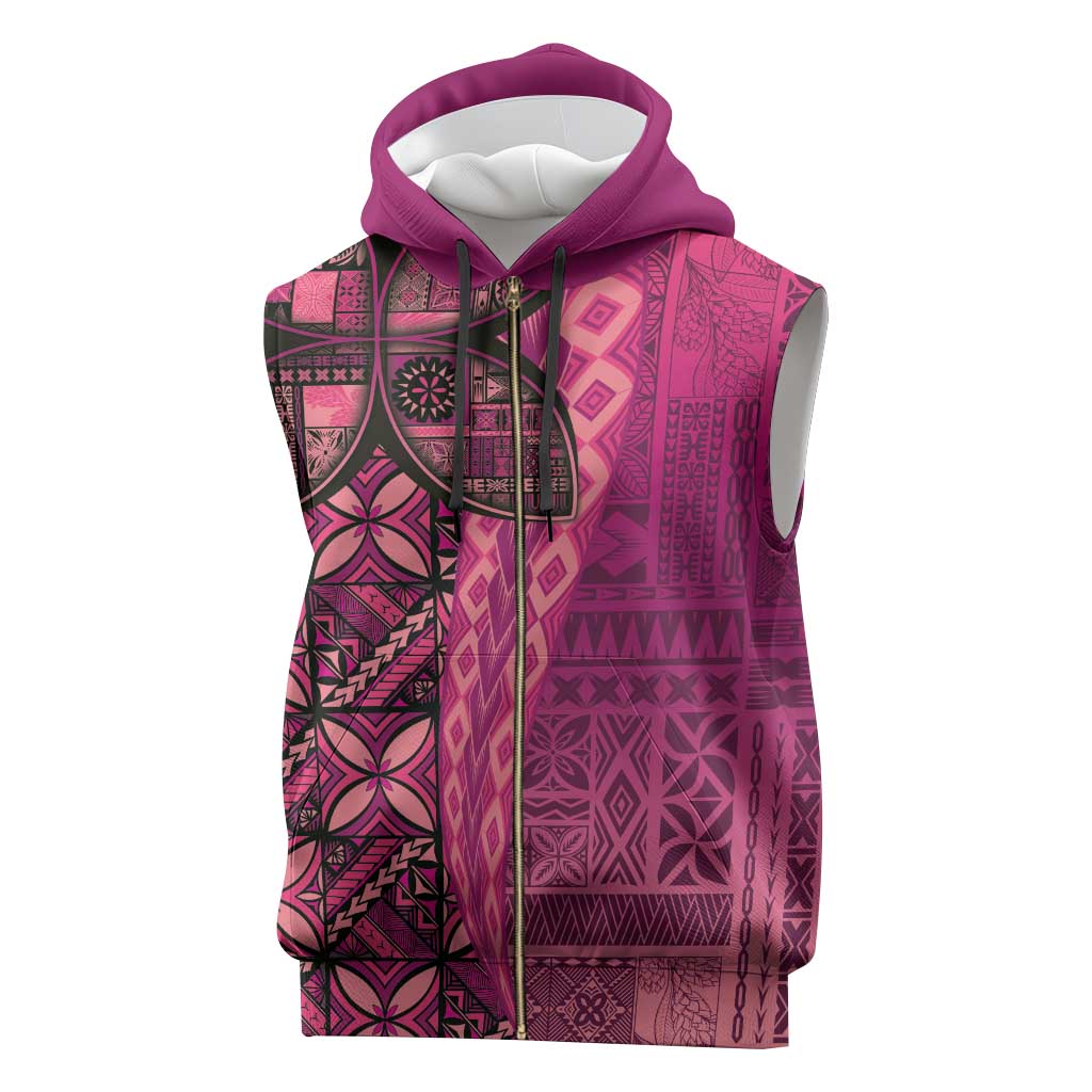 Samoan Pacific Tribal Flower Geometric Art Tattoos Sleeveless Zip Hoodie Siapo Pattern Romantic Rose - Polynesian Pride