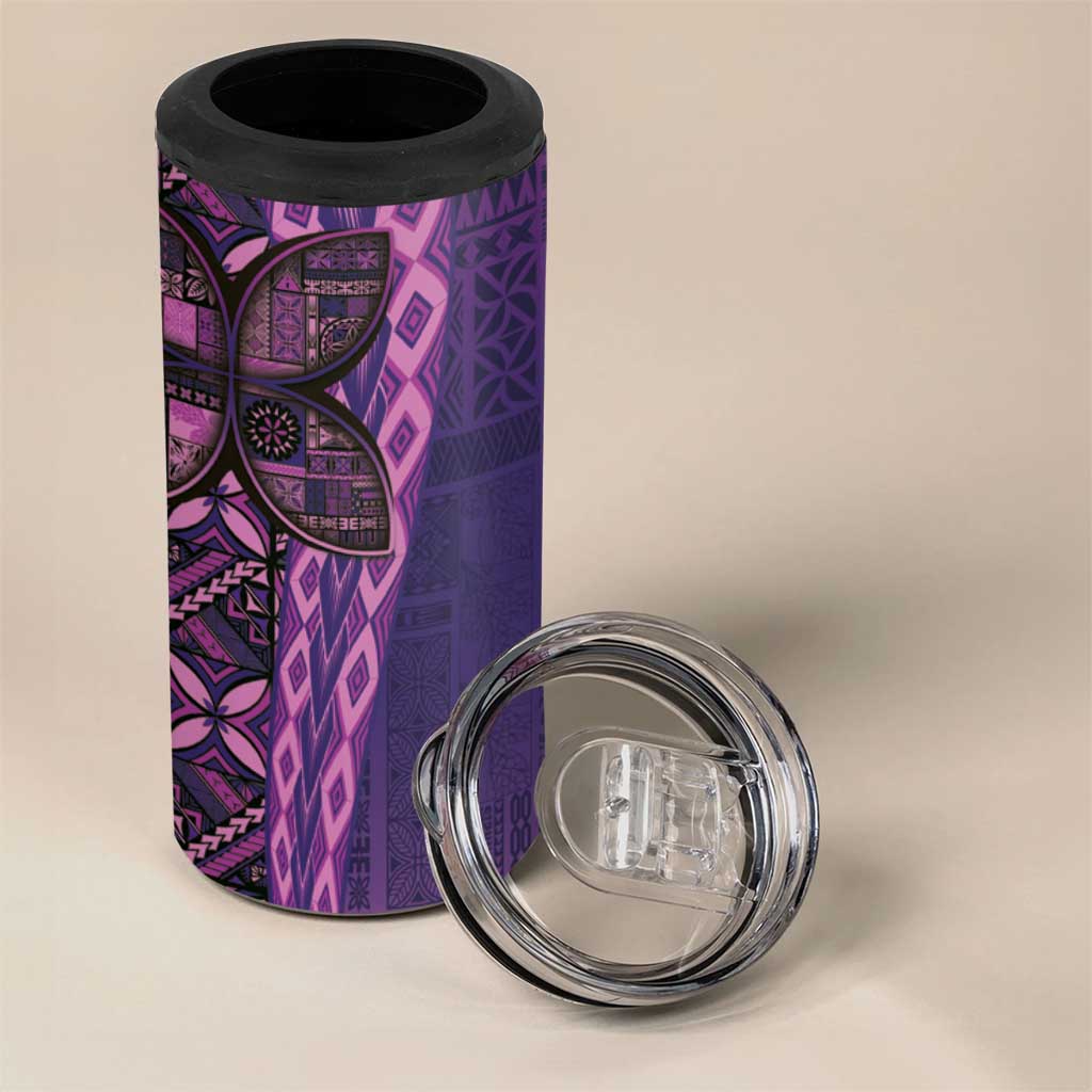 Samoan Pacific Tribal Flower Geometric Art Tattoos 4 in 1 Can Cooler Tumbler Siapo Pattern Purple Haze - Polynesian Pride