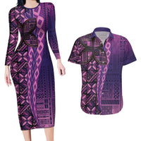 Samoan Pacific Tribal Flower Geometric Art Tattoos Couples Matching Long Sleeve Bodycon Dress and Hawaiian Shirt Siapo Pattern Purple Haze - Polynesian Pride