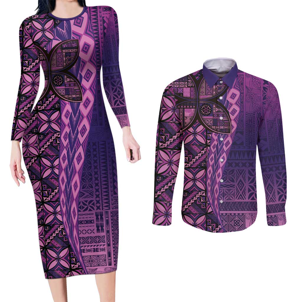 Samoan Pacific Tribal Flower Geometric Art Tattoos Couples Matching Long Sleeve Bodycon Dress and Long Sleeve Button Shirt Siapo Pattern Purple Haze - Polynesian Pride